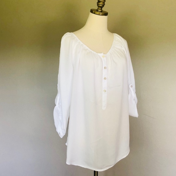 Medium White Pullover Scoop Neck Blouse INDIGO Button Up Sleeves - Picture 3 of 8